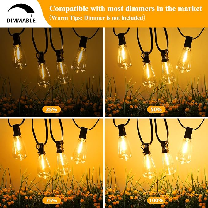 25FT Outdoor String Lights 13 Bulbs, 2200K Amber Lights | 1 Spare ST38 Edison Bulb Dimmable, Connectable Plug-in LED Patio Lights for Outsiede, Cafe, Wedding, Christmas