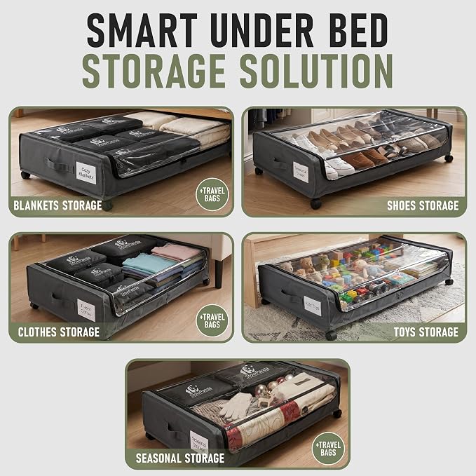 60L Under Bed Storage with Wheels, With 6 Travel Bags, 2-Pack, Dark Gray | Rolling Underbed Storage Containers, Clear Lids, Heavy Duty Steel Frame, Organizer for Clothes Shoes Comforters Blankets Toys