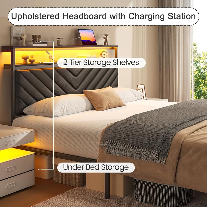 Fluest Twin Bed Frame with Storage Drawers, Upholstered Headboard with Charging Station, LED Lights, Fabric Drawers with Wheels, Under Bed Storage, No Box Spring Needed, Easy Assembly, Black