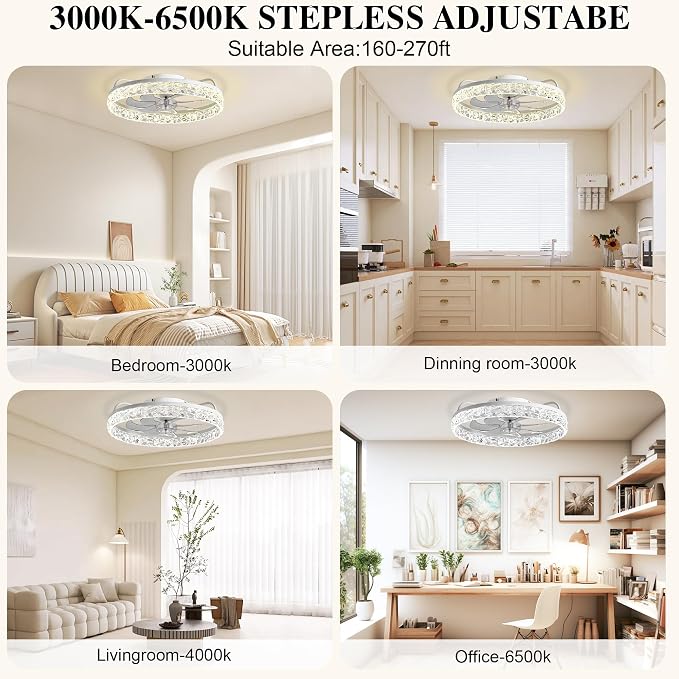 Ceiling Fans with Lights and Remote Fandelier - 20'' Flush Mount Crystal & White Low Profile Modern Ceiling Fans for Bedroom - Stepless Color Temperature and 6 Speeds