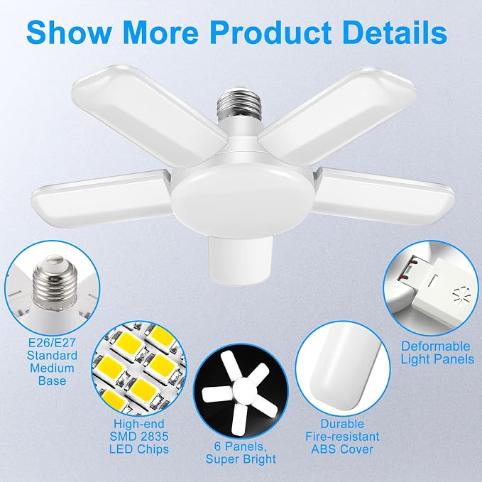 LED Garage Lights, 80W LED Garage Ceiling Lights with 5 Deformable Panels, 8000LM LED Shop Lights for Garage E26/E27 LED Light Bulbs for Garage, Workshop, Warehouse (2 Packs)