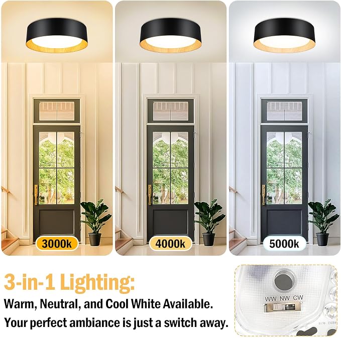 BrightHome Flush Mount Ceiling Light, 13in Modern Ceiling Light 3/4/5000K | 25W Bathroom Ceiling Light Fixture, 2600LM Dimmable LED Flush Mount Light for Bedroom, Hallway, Kitchen, Black & Wood
