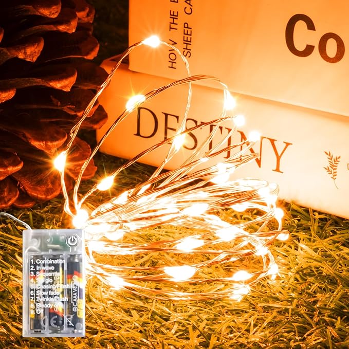 Orange Fairy Lights Battery Operated (Included), 8 Modes & Auto timer, 16FT 50Led Mini Twinkle Silver Wire Firefly Starry lights, Waterproof Battery Operated Lights for Party Bedroom Christmas