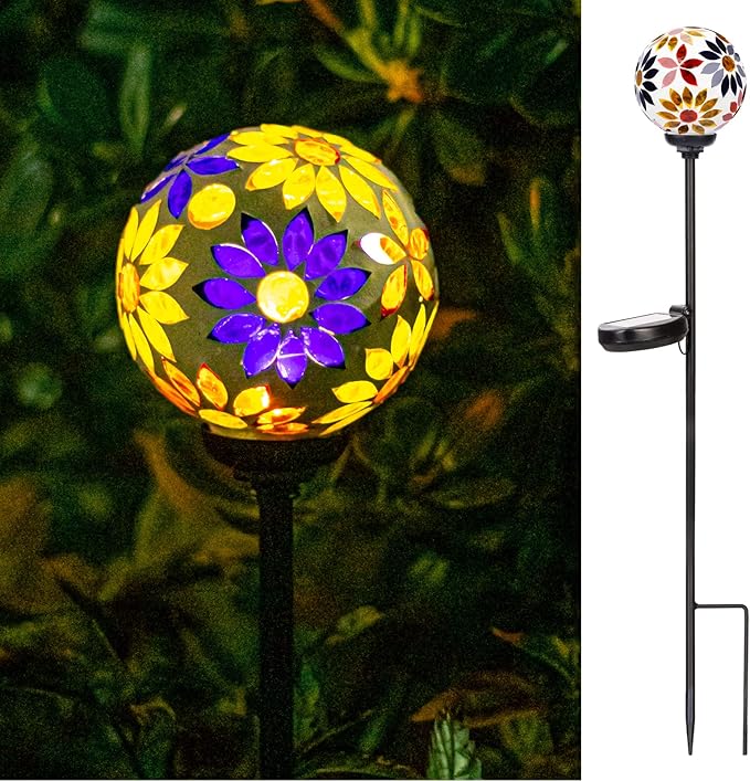 VCUTEKA Decorative Solar Garden Lights, 3.5" Mosaic Globe Outdoor Stake | Mosaic Glass Globe Design, Solar LED Light, Waterproof Design, Auto On/Off and Metal Stake Design for Lawn and Patio