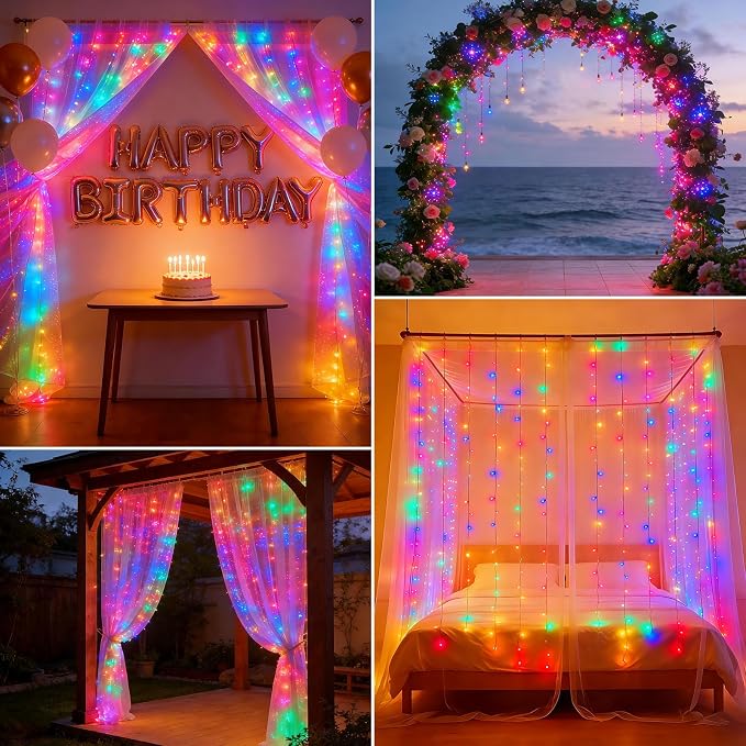 300LED Fairy Curtain Lights 9.8ft x 9.8ft LED Dimmable Twinkle Lights | with Remote and Timer USB Plug in 8 Modes String Lights for Bedroom Indoor Outdoor Party Christmas Decor, Multicolor