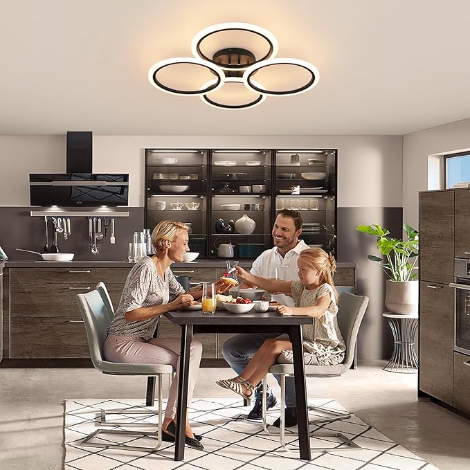 Modern LED Ceiling Lights Fixture Black Dimmable Acrylic 4 Rings Ceiling Lights Remote Control Dimmable Flush Mount Ceiling Lamp for Dining Room, Kitchen, Bedroom, Office(28.74inch)