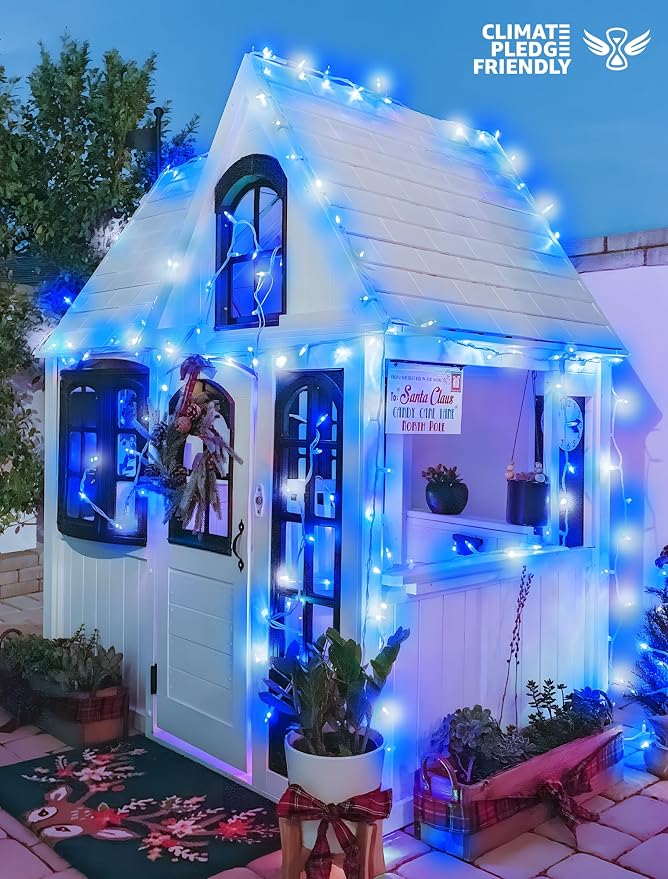 33FT 100 LED White Blue Christmas Fairy Twinkle String Lights Indoor | 8 Modes with Memory, Connectable, IP65 Waterproof, Transparent Wire, Up to 5 Sets, Widely use for Classroom, Bedroom, dorm