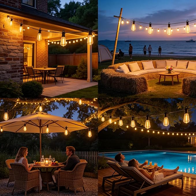 200ft Solar LED Outdoor String Lights Patio Lights with Shatterproof 2700K ST38 Vintage Edison Plastic Bulbs Dimmable, Outside Hanging Lights Waterproof for Porch, Deck, Garden, Backyard