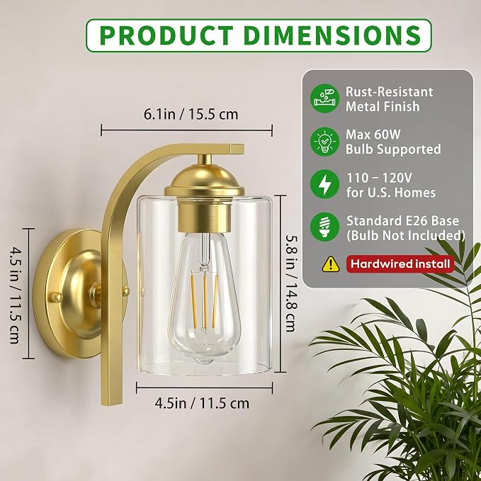 2-Pack Wall Sconces Lights Lamp for Bedroom Bathroom, Modern Vanity Light Fixtures, Gold Farmhouse Wall Mount Lighting Lanterns with Clear Glass Shade for Living Room Mirror Hallway Kitchen