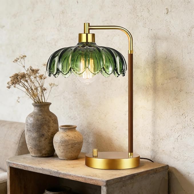 ILLMTW Vintage Table Lamp Set of 2 for Bedroom Living Room,Small Bedside Lamps Dimmable Boho Bedroom Lamp with Glass Green Flower LampShade,Mid Century Modern Mini Nightstand Lamp Gold Side Table Lamp