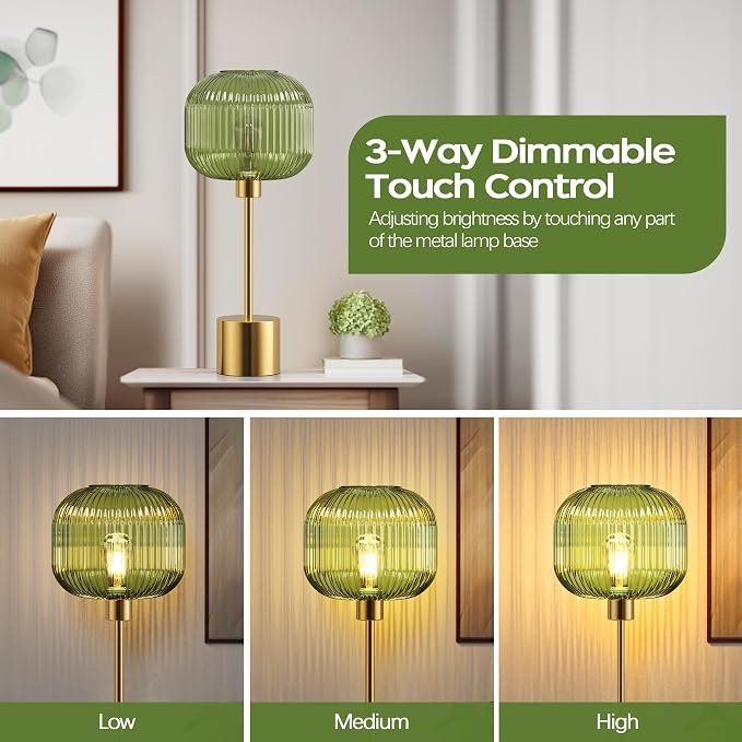 QiMH Glass Table Lamp for Living Room, Modern Bedside Lamp with Green Ribbed Glass Shade, 3-Way Dimmable Touch Control Nightstand Lamp for Bedroom, Brushed Gold (2700K LED Bulb Included)