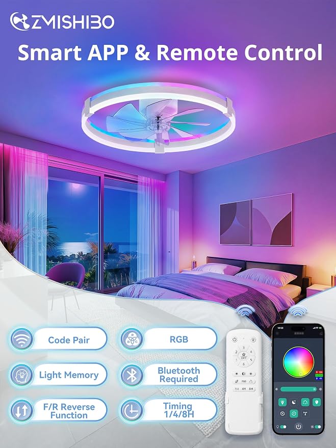 ZMISHIBO 23" RGB Low Profile Ceiling Fans with Lights and Remote, White | Custom RGB+3CCT Dimmable, 6 Speeds, Remote/App Control, Reversible DC Motor, Memory, Timer, Modern Fandelier for Kids/Bedroom
