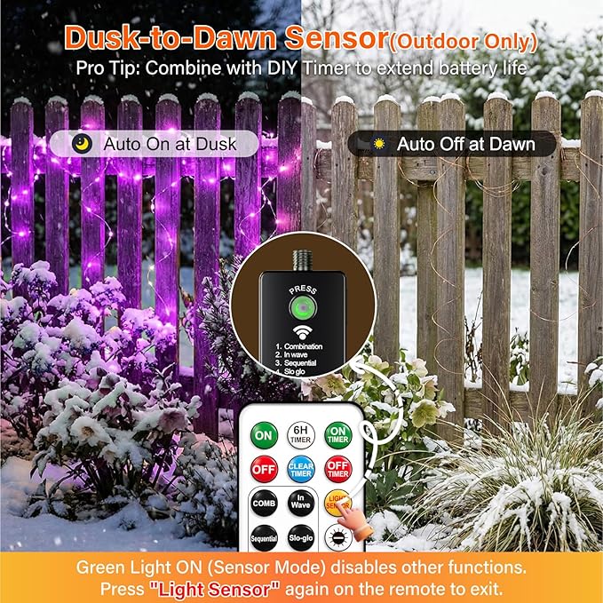 ZSJWL Rechargeable Fairy Lights with Remote，66ft 200 LED Outdoor Battery String Lights with DIY Timer & Light Sensor, Waterproof Dimmable Twinkle Light for Tree Christmas Indoor, Purple