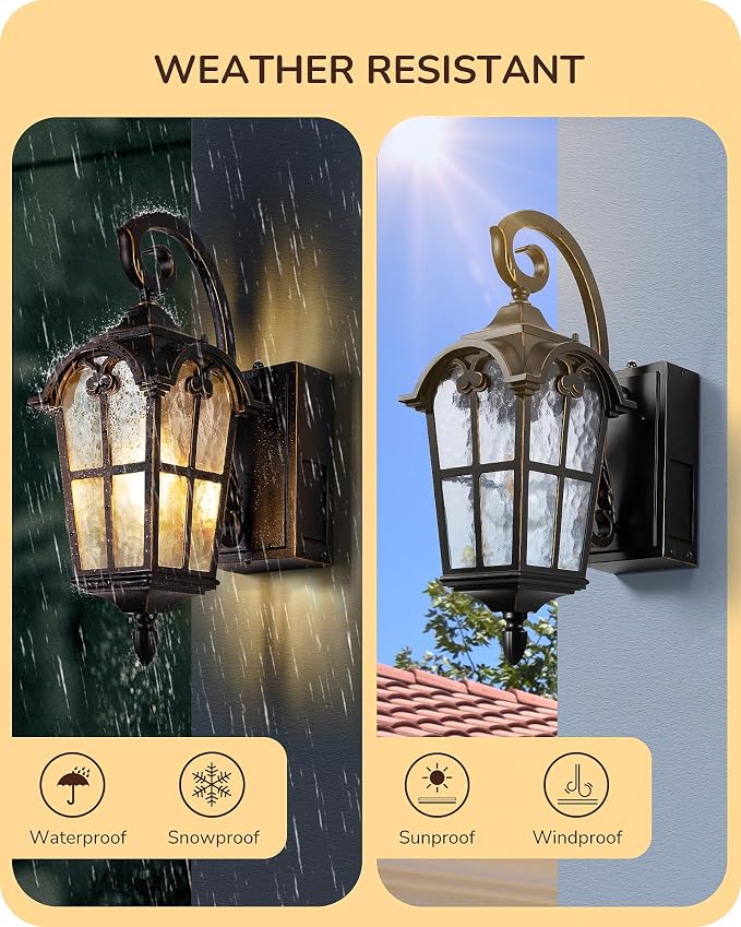 EDISHINE Dusk to Dawn Outdoor Wall Lights 2-Pack GFCI Outlet Black | Water Ripple Glass, E26 Socket, Anti-Rust Aluminum & Weatherproof, Exterior Light Fixture for Front Door, Patio, Garage