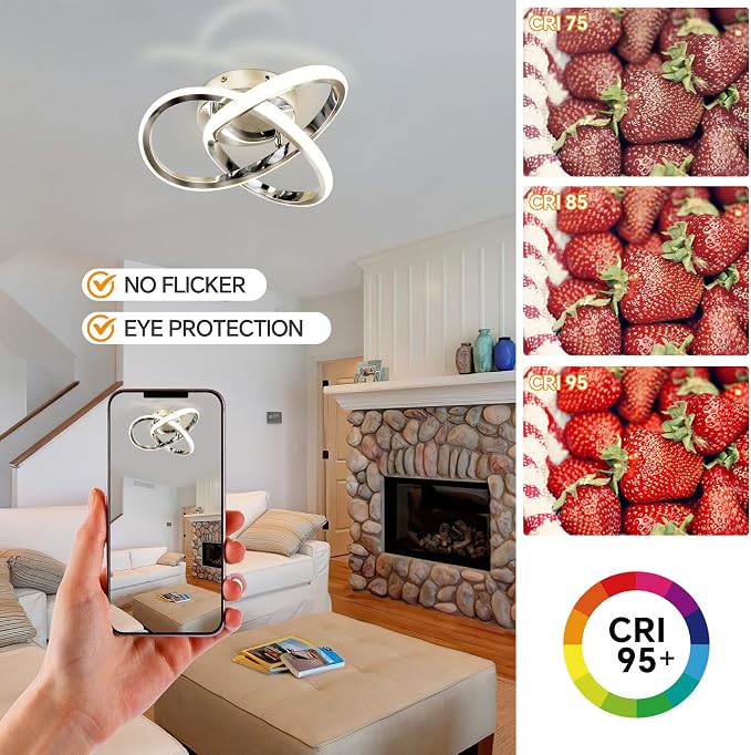 10 Inch Modern Ceiling Light, 24W LED Dimmable Ceiling Light with Remote Control, 3000-6000K Color Temperature Adjustable, Chrome Small Chandelier for Bedroom, Entryway, Hallway, Kitchen