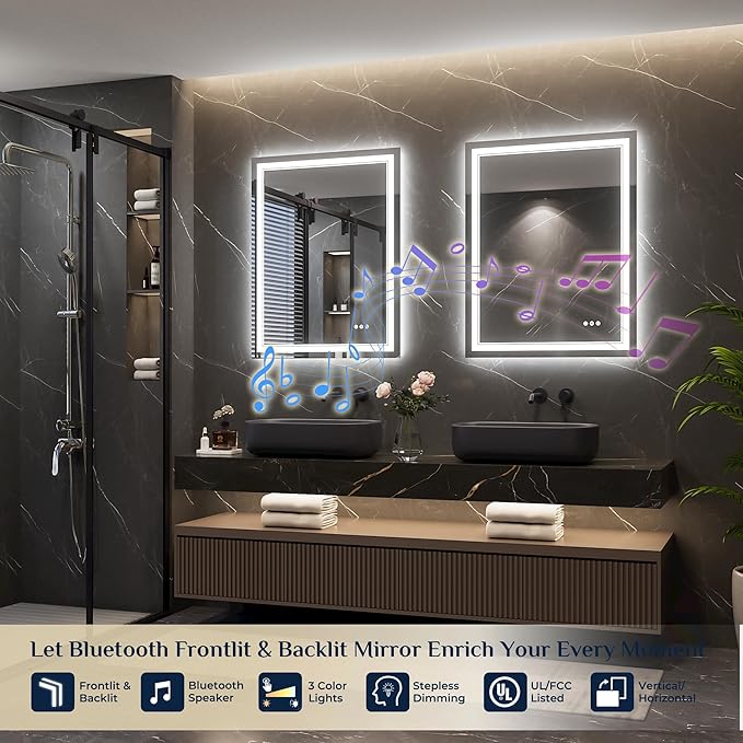 Keonjinn 28"x36" Lighted Mirrors for Bathroom Wall with Bluetooth Speaker, Frontlit & Backlit LED Bathroom Mirror, Bluetooth Mirror Bathrooms, Dimmable 3 Color Lights, Tempered Glass, Anti-Fog, CRI90+