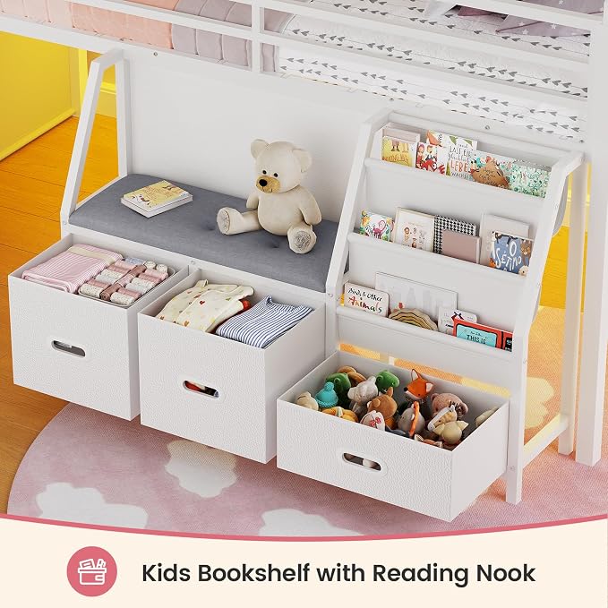 ADORNEVE Low Loft Bed Twin Size with Bookshelf, Reading Nook & 3 Drawers | Kids Loft Bed, LED, Storage Drawers, Beside Box, Under-Bed Play Space,Safety Guardrail, Inclined Ladde, Play Curtain, White