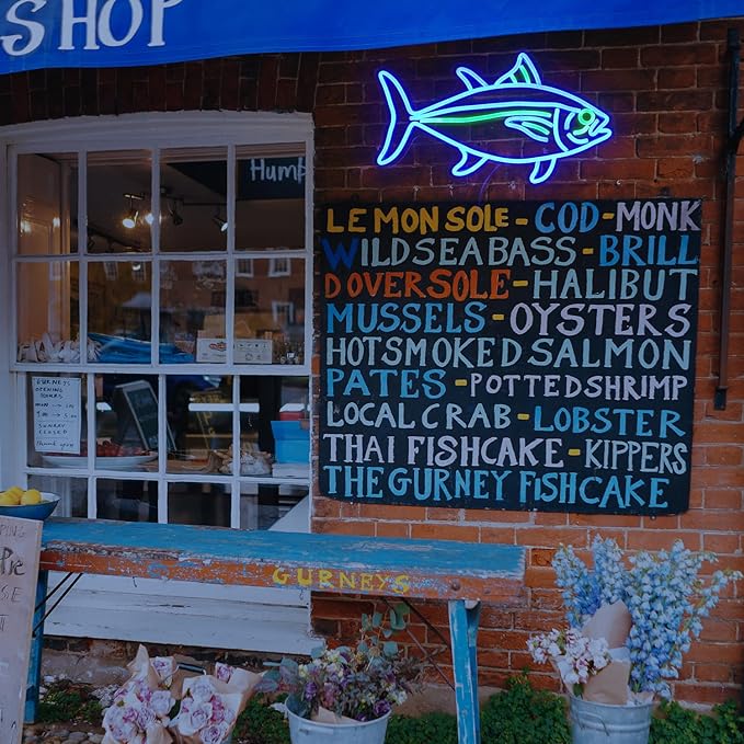 Tuna Neon Sign Blue Green Fish Neon Lights Signs for Wall Decor Dimmable Led Signs for Bedroom Living Room Restaurant Office Birthday Gifts(16.9’’X9.6’’）