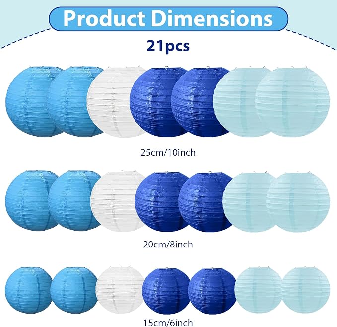 21Pcs Paper Lanterns, Blue and White Hanging Lanterns for Bridal Shower | 6"8"10" Round Paper Lanterns Decorations for Wedding Engagement Baby Shower Birthday Rustic Party Home Classroom Decor