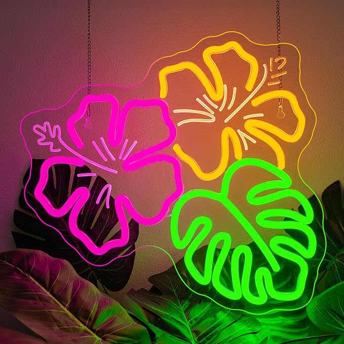 Hibiscus LED Neon Sign Tropical Monstera Light Up for Beach Wall Decoration | 13.38IN*12.59IN,Five level brightness adjustment,USB power,For Bar,Club,Pub,Living room,Bedroom,Restaurant,Beach Bungalow