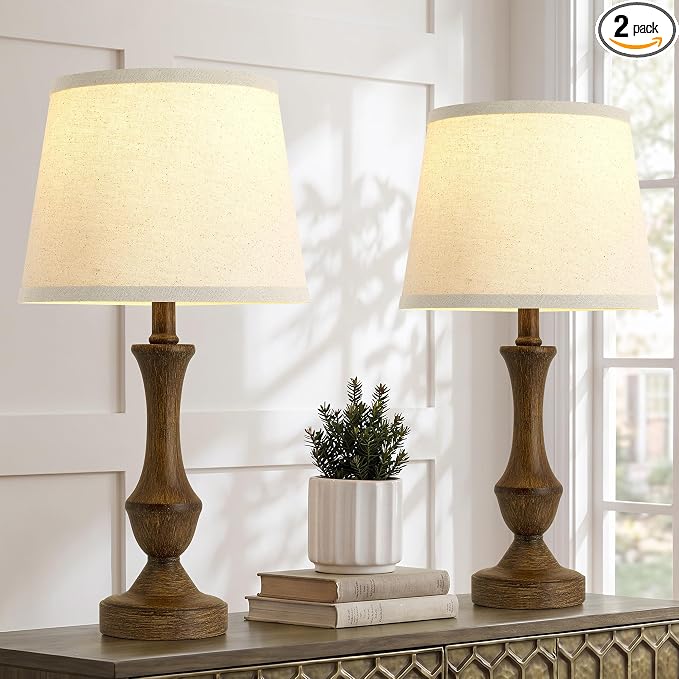 Luvkczc Table Lamp Set of 2, 19" Traditional Resin Bedside Lamps Nightstand Lamp for Living Room & Bedroom,Vintage Nightstand Lamps with Linen Shades, Wood Grain