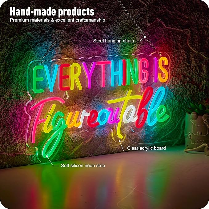Everything Is Figureoutable Neon Sign, Positive Affirmation LED Light for Wall Decor Multicolored Light Up Signs for Classroom Kindergarten Wedding Party Store Home, Compatible with Timer