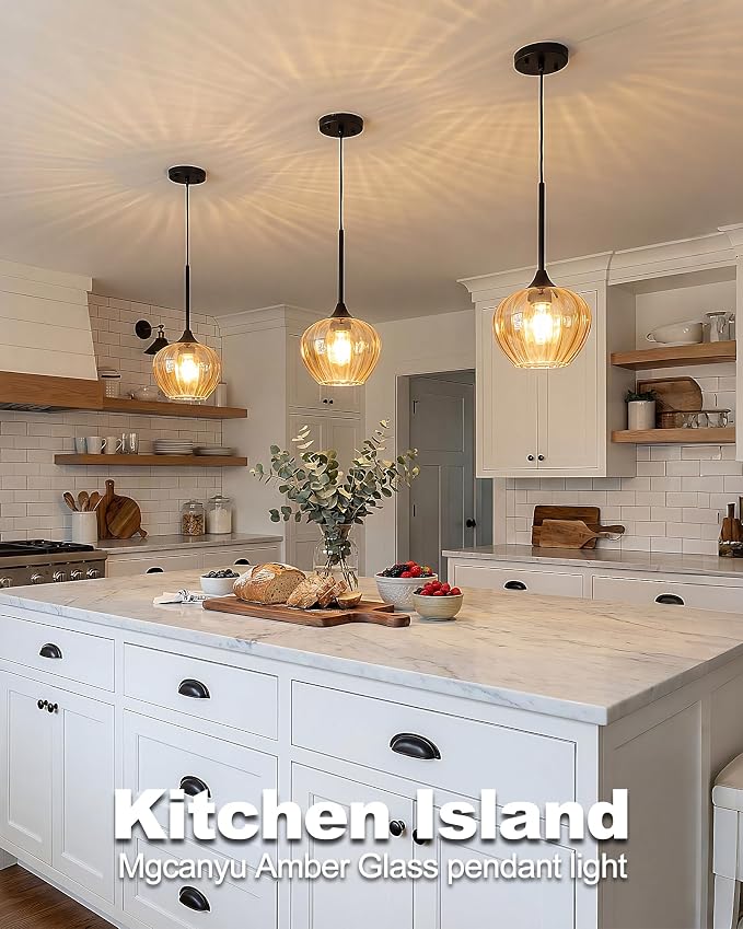 Glass Pendant Lights Kitchen Island, 7.7" Vintage Amber Pendant Lighting Samll Hanging Light Fixtures for Kitchen, Dining Room, Sink, Bathroom
