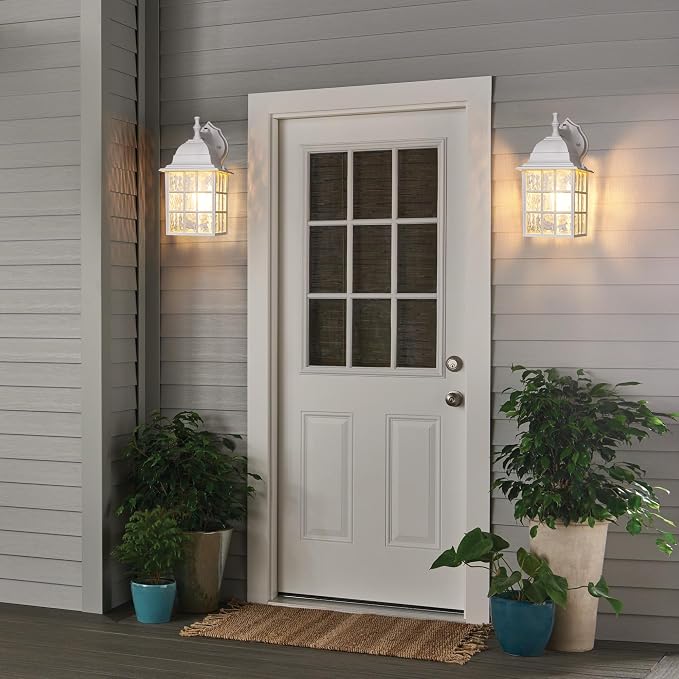 Dusk to Dawn Outdoor Light Fixture, 2 Pack Porch Lights Wall Mount, White | Aluminum Frame, Water Rippled Glass, Waterproof, E26, Sensor Exterior Lighting Fixtures, Wall Sconce For Garage, Front Door