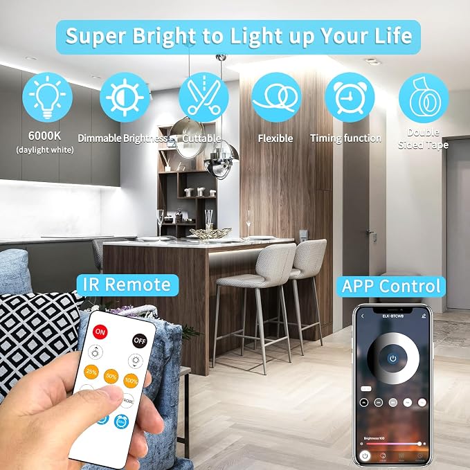 COB LED Strip Lights 100ft,6000K DC 24V Dimmable White | Flexible LED Lights Strip for Bedroom,with Remote&app Control LED Rope Lights for Living Room,Shelf,Cabine(2 Rolls of 50ft)