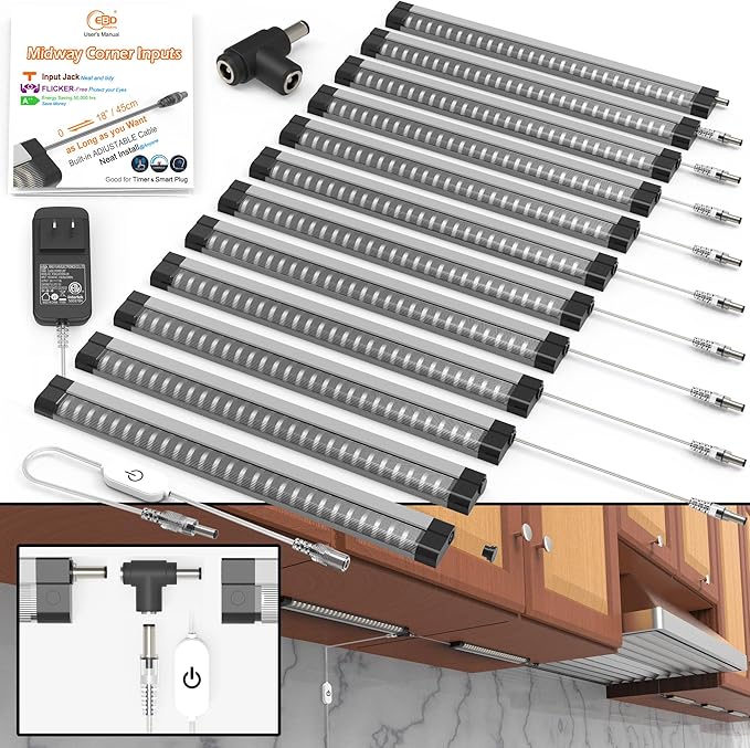 EBD Under Cabinet Lighting Plug in or Hardwired, 12 Pcs 12 Inch No Messy Wires Built-in Adjustable Cable LED Light, T-Connector Counter Lights for Smart Plug Kitchen Home Office 6500K 5400Lm 5 Cables