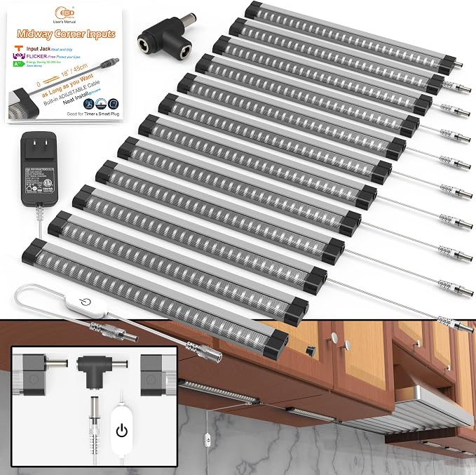 EBD Under Cabinet Lights Plug in or Hardwired, 12 Pcs 12 Inch No Messy Wires Built-in Adjustable Cable LED Light, T-Connector Counter Lighting for Smart Plug Kitchen Home Office 3000K 5400Lm 5 Cables