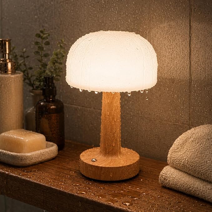 Spa-Like Shower Lamp, IP65 Waterproof Cordless Table Lamp, Wood Grain | Rechargeable Shower Light for Inside Shower with Touch Control Dimmable, 3CCT Mood Light for Bathtub, Patio, Outdoor