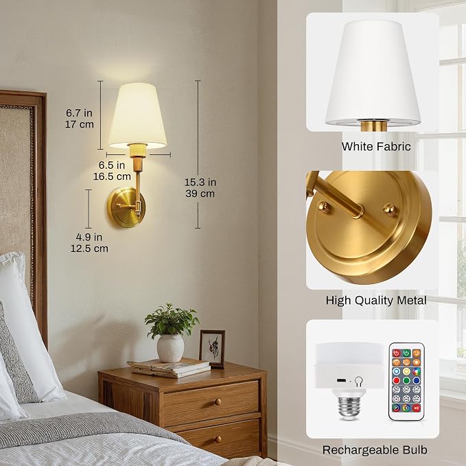 Battery Operated Wall Sconce: Set of 2 Wireless Wall Light 12000mAh | 15 Color Rechargeable Wall Sconces, Sconce Wall Decor Set of 2 for Bedroom, Living Room, Gold 14.8in