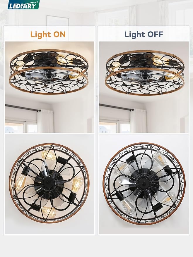 LEDIARY 20" Caged Ceiling Fan with Light, Flush Mount Fandalier with Remote | Low Profile, Farmhouse Small, Bladeless Industrial, Quiet DC Motor, App Control for Bedroom, Kitchen, Dining Room, Walnut