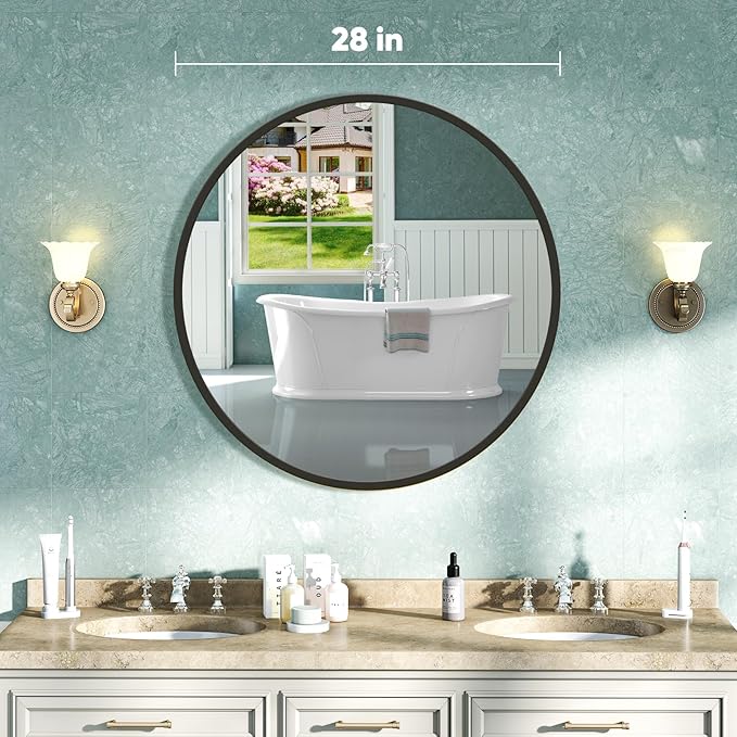 NEWBULIG Black Round Wall Mirror 28 Inch, Bathroom Mirrors for Over Sink, Wall Decor for Bathroom, Entryway, Bedroom, Vanity