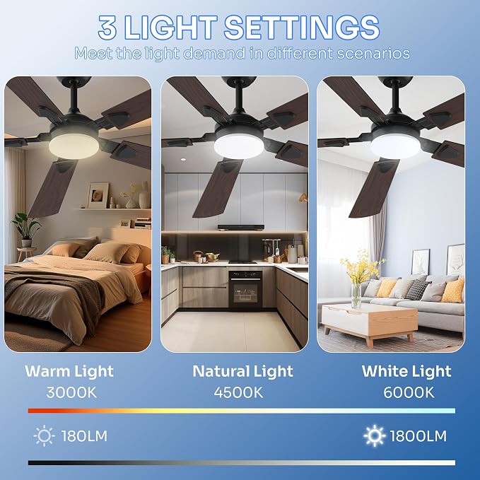 Ceiling Fans with Lights, 52 Inch Modern Ceiling Fans with Lights and Remote Control, DC Reversible Motor, Noiseless, 3CCT, Ceiling Fan for Bedroom, Living Room, Apartment Indoor/Outdoor Use