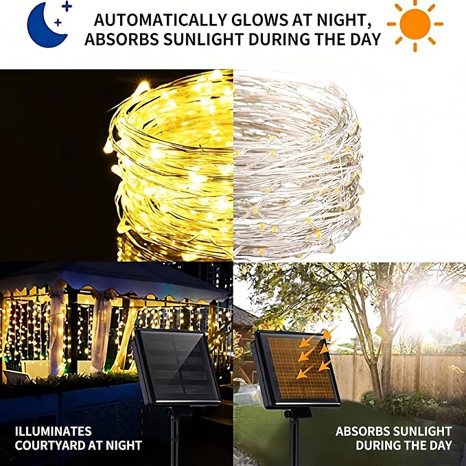 100FT 300 LED Solar Fairy Lights Outdoor Waterproof, Warm White | 8 Modes Solar Copper Wire Twinkle Lights with 6.5FT Lead Wire, Auto On/Off for Patio, Garden, Tree, Fence & Christmas Decor