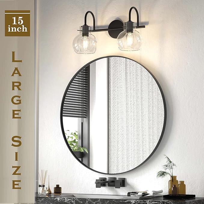 Bathroom Vanity Light Fixtures, Modern 2 Lights Vanity Lighting Fixture Matte Black, Farmhouse Metal Wall Lamp with Globe Glass Shade, Porch Wall Mount Light Fixture for Mirror Cabinets