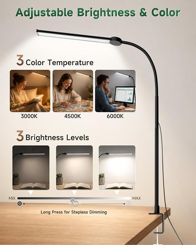 CUHIOY Desk Lamp with Clamp, 27" Flexible Goose-Neck Light for Craft Sewing | 650LM 80 LEDs Wide Head Desk Light, Sturdy 2.2" Metal Clamp, 3 Color Modes & 3 Brightness Levels, Power Adapter Included
