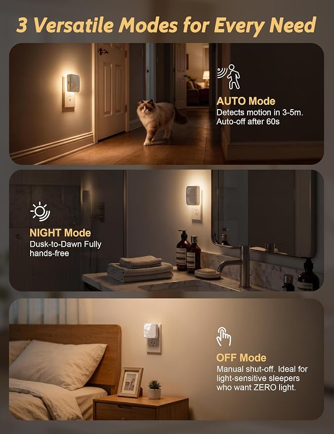 Sujeet Plug-in LED Night Light with Motion Sensor & Dusk to Dawn, 3 Color Temperatures (1800K/2700K/5700K), 5 Preset Brightness Levels, Backlit Design, 1-80LM Dimmable for Kids Bedroom, Hallway 4 Pack