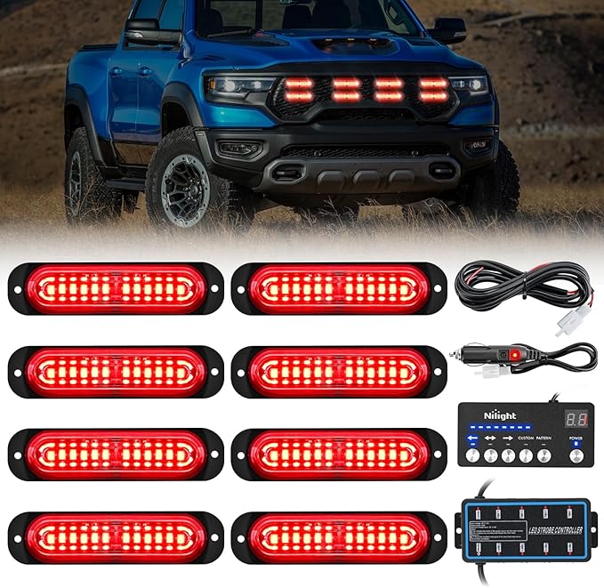 Nilight 8PCS Led Strobe Lights with Controller 12V 24V Sync Feature Red Strobe Light 12 LED Surface Mount Emergency Hazard Warning Lights with Strobe Controller for Vehicle Car Truck RV ATV