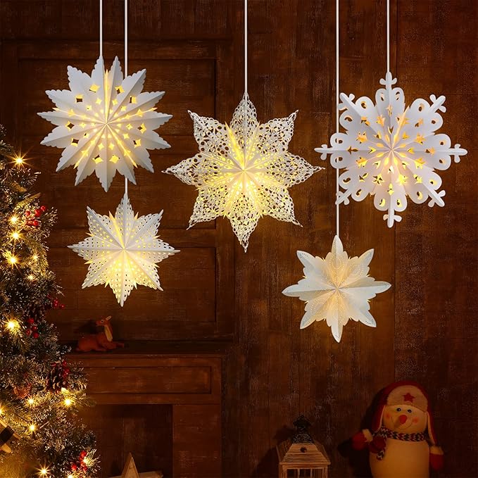 Mudder 5 Pieces Large Christmas Snowflake Paper Lantern with 7 Light 23.6/17.7 Inch Star Paper 3D Hanging Lantern Lamp Party Decoration for Weddings Holiday Xmas Trees(Fresh Style,White)