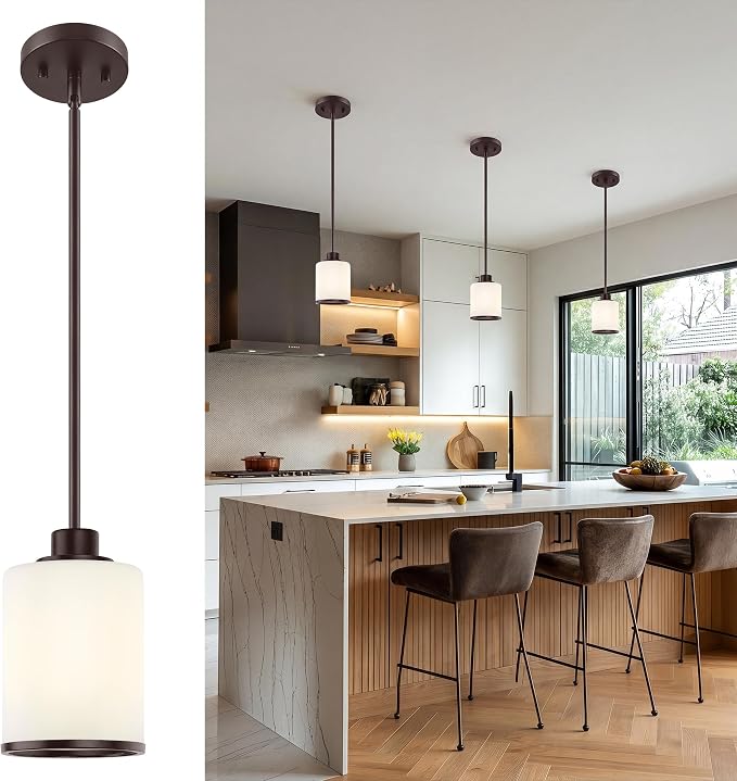 Beionxii Pendant Light Fixtures,Milk Glass Pendants Oil Rubbed Bronze,1Pack | Farmhouse Pendant Lighting, Hanging Pendant Light with Rods for Kitchen Island Dining Room Bedroom Entryway, BX-PL02ORB+R