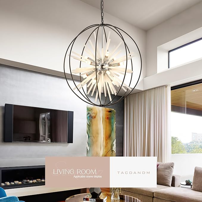 31.5" Black Chrome Large Globe Sputnik Chandelier, 16-Light Mid Century Modern Glass Tube Satellite Light Fixture for High Ceiling Living Room Dining Room Entryway Stairway, E12