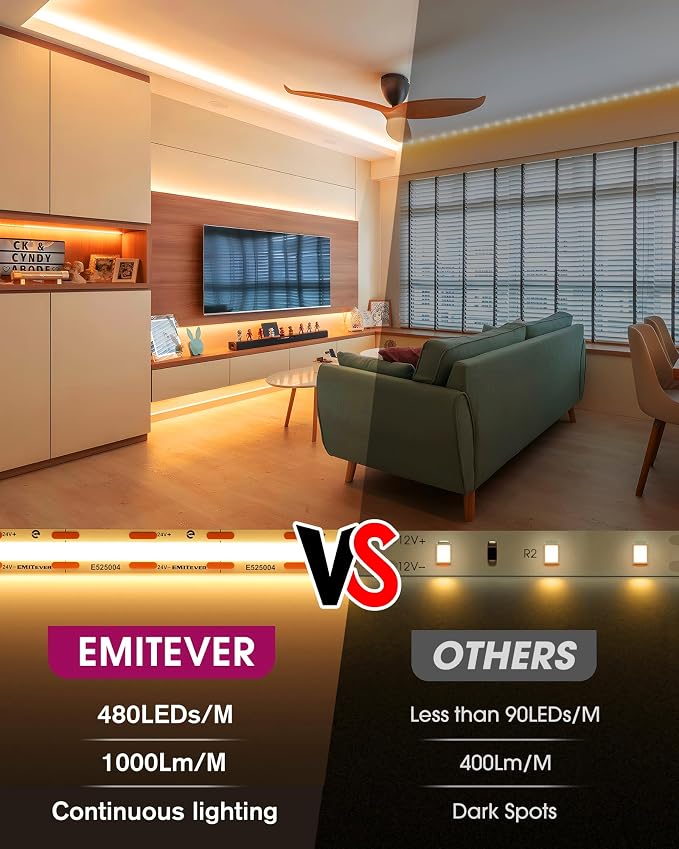 EMITEVER COB LED Strip Lights Warm White 2700K,UL 24V,16.4ft 2400LEDs | Ra 90+,IP30,3W/ft,305+Lumens/ft,5 Year Warranty(Power Supply Sold Separately)for bedroom,living room,kitchen