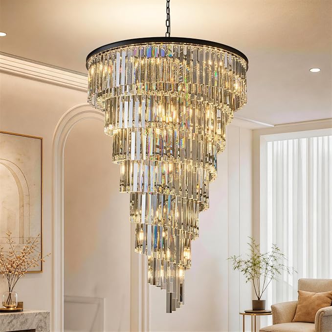 36'' Spiral Crystal Chandelier Black Modern Light Fixture, Large High Ceiling Foyer Ceiling Pendant Light, 30 E12 LED Bulbs Included, Adjustable Chain Hanging Lamp for Entryway, Hallway, Black