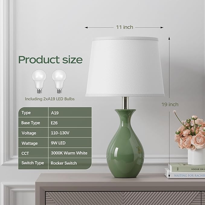 Table Lamp Set of 2, Modern Ceramic Bedside Lamps for Night Stands, Classic Small Lamp Nightstand Lamp for Bedroom Living Room Desk End Table Rocker Swtich Sage Green
