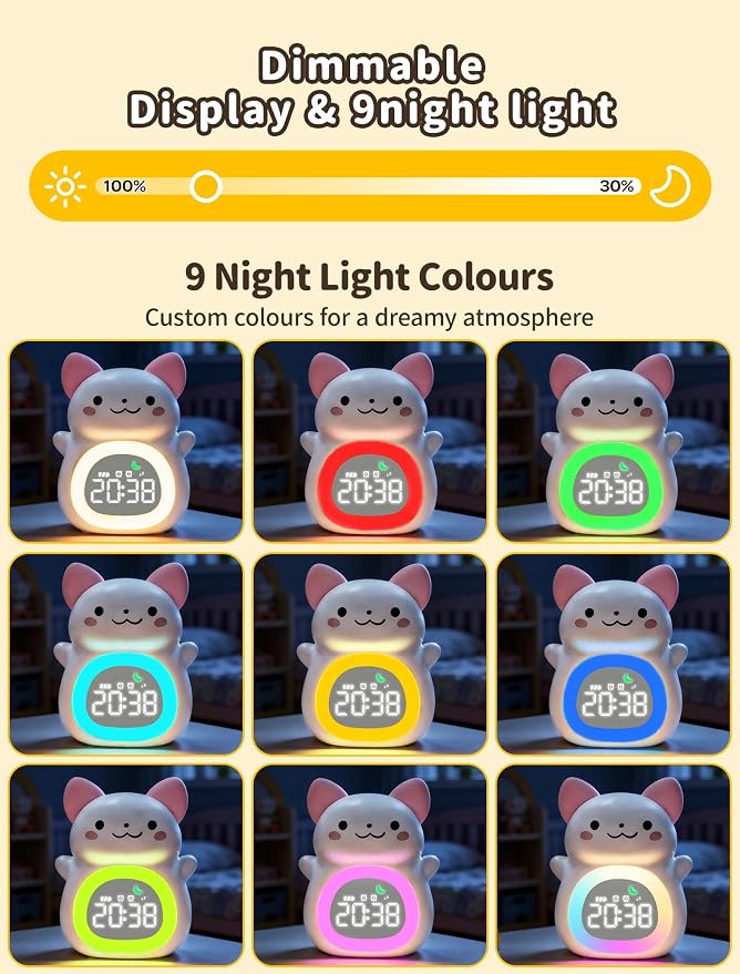 MASHI Cat Kids Alarm Clock with Time to Wake Sleep Trainer White Noise | Sun & moon wake cues, 7-color night light,Snooze， dual alarms and 6 soothing sounds help kids build healthy sleep habits