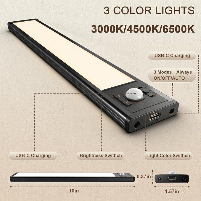 4Pack Under Cabinet Lighting Rechargeable -10" Ultra-Thin Black 3 Color Temps Super Bright, Motion Sensor, Long Lasting - Easy Installation Magnetic Under Closet Lights