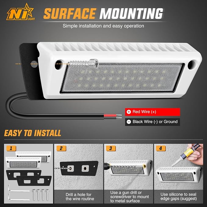 Nilight 2PCS 9 Inch RV Exterior Lights White Beam for RV Trailer Camper SUV | 2PCS LED porch scene cargo light, white aluminum housing, 12V 24V waterproof for RVs trailers campers 5th wheels